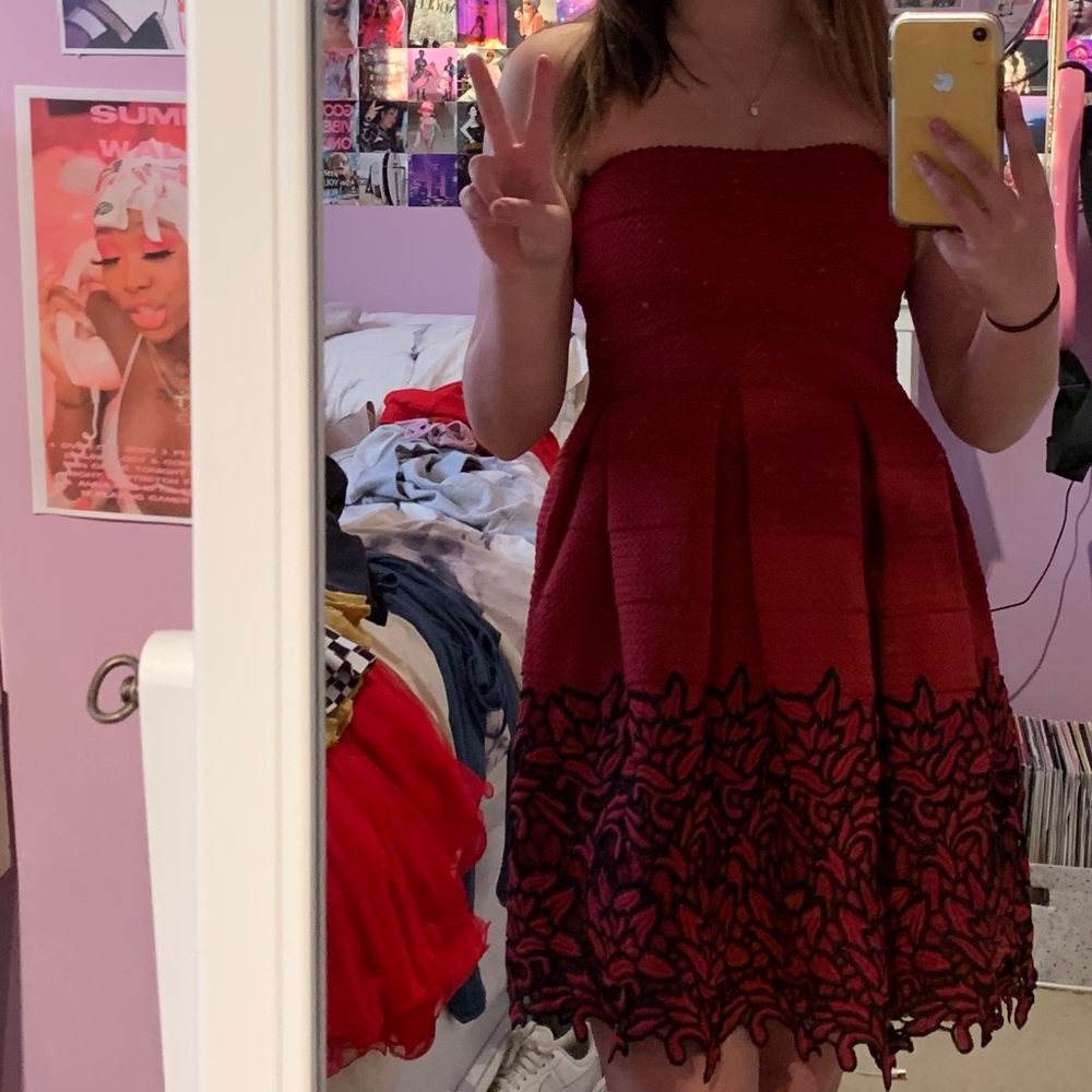 Red Strapless Dress w Details